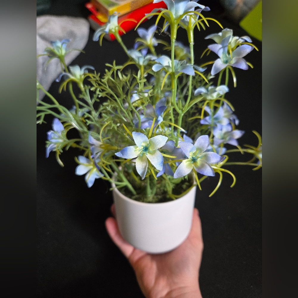 Artificial Blue Flower Arrangement in White Pot